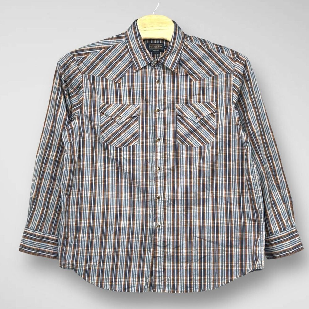 Pendleton Shirt Mens XL Blue Plaid Pearl Snap Frontier Long Sleeve Western Rodeo